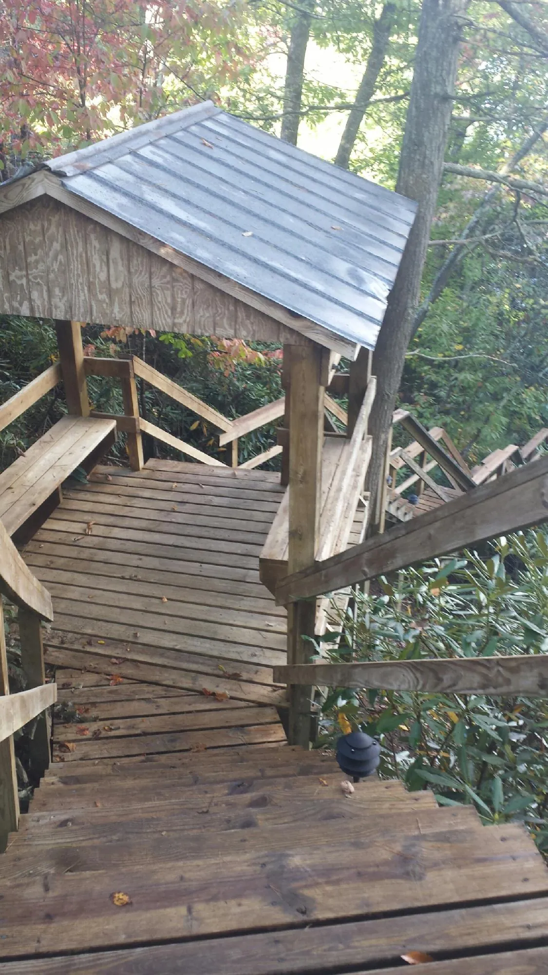 Metal roofed shelter over wooden steps on a wooded walkway — Skylight Repair & Installation work by our crew in Mc Henry